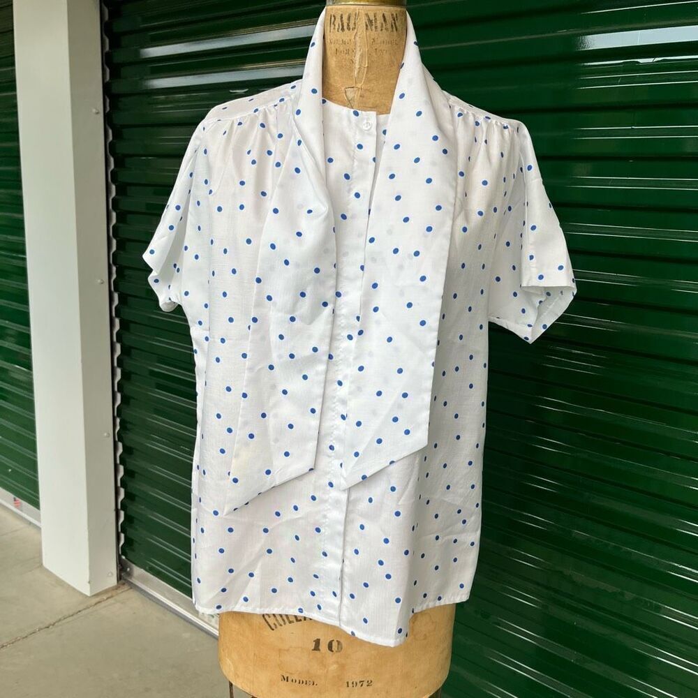 Vintage 80s Pykettes White & Blue Polka Dot Short Sleeve Blouse XL USA